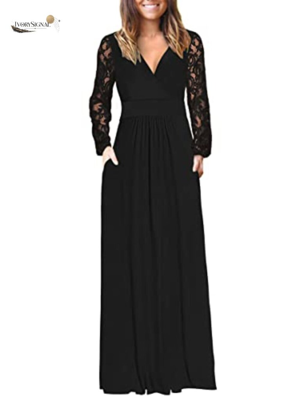 Lace Long Sleeve Maxi Dress V Neck Wrap Formal Party